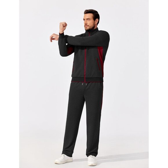 Men's Tracksuits 2 Piece Athletic Track Suit Jogging Running Sweatsuit Grey Red - Picture 4 of 6